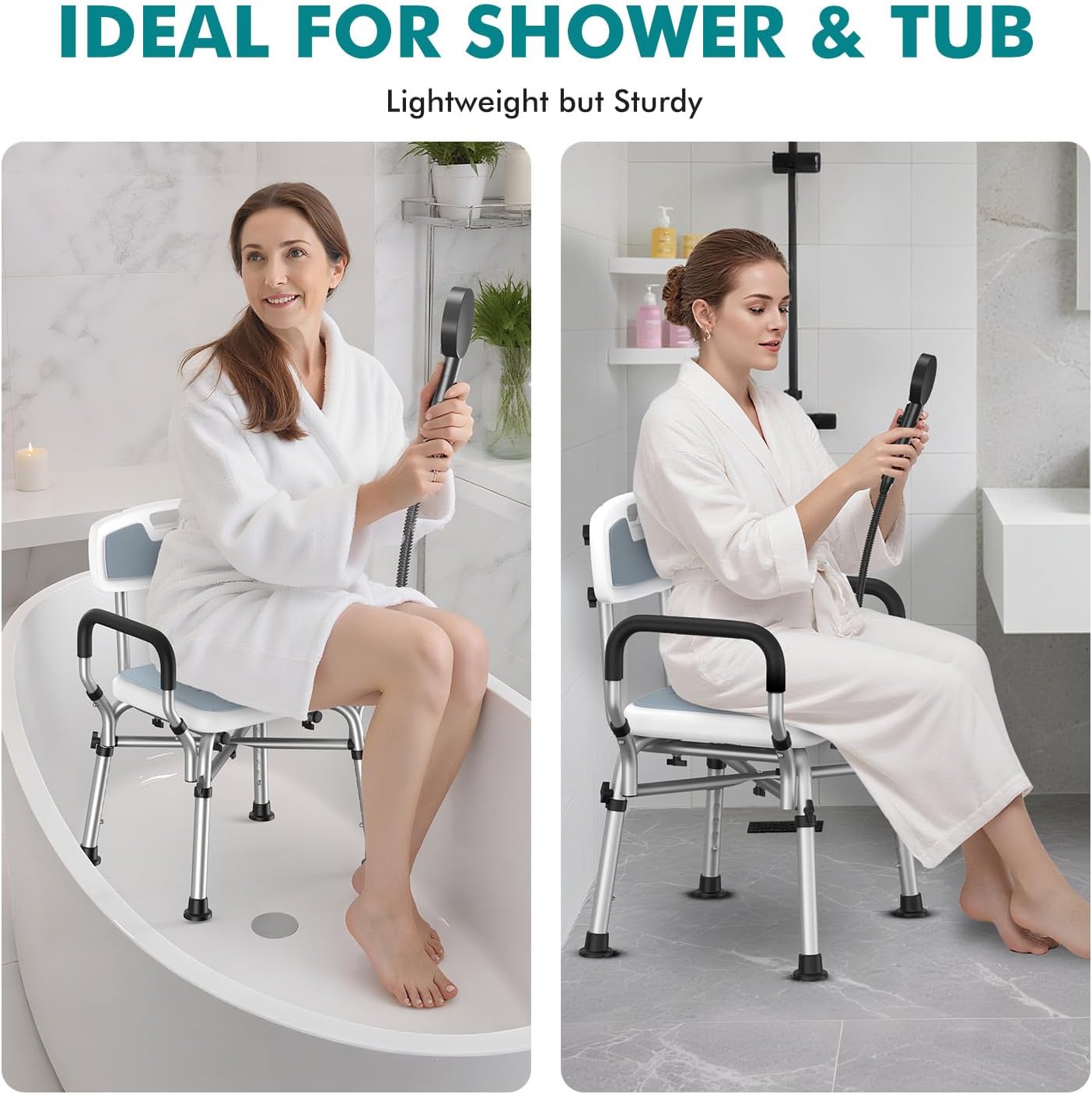 VFAUOSIT Shower Chair with Removable Arms and Back for Elderly & Disabled, 550 lbs Shower Chair for Inside Shower, 6-Height Adjustable Shower Seats for Adults, Bath Chairs for Seniors Inside Tub